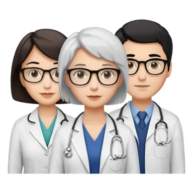 Create four doctors grouped together. Place a female doctor with dark brown short bob hair prominently in the front. Behind her, include:

a doctor with white hair wearing glasses,

a young male doctor with black hair and no glasses,

and a female doctor with black short bob hair wearing glasses. sticker