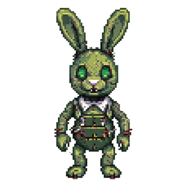 detailed green and worn animatronic rabbit with exposed wires and creepy expression, Springtrap character, pixel art style sticker