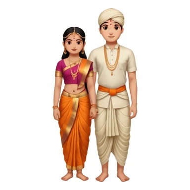 31 years young and small Brahmin boy with traditional formal cotton shirt and cotton lungi is pleasent peaceful thankful to 18 years young and fat and tall Brahmin girl with the complete decoration of bharatanatyam as godess lakshmi devi. sticker