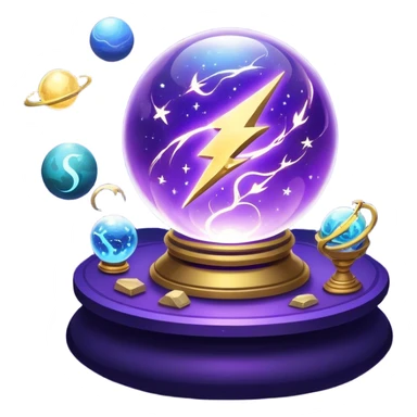 A mystical, glowing crystal ball with swirling sparkles and lightning bolts inside, with tarot cards spread out on the table around the ball, surrounded by zodiac signs and planets floating in space. Use bright purples, blues, and golds to create a magical, mysterious vibe. transparent background.  sticker