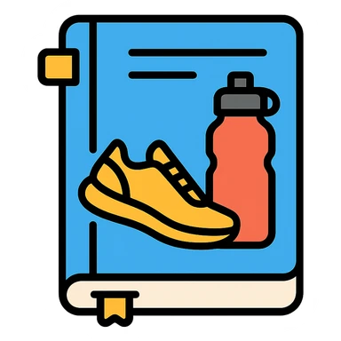 blue fitness journal with water bottle and running shoe on cover, minimalist design sticker