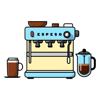 coffee shop items: espresso machine, milk frother, and coffee menu board sticker