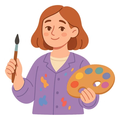 Serene female oil painter, Caucasian features, shoulder-length auburn hair, soft brown eyes, gentle smile, wearing a violet painter’s smock lightly stained with paint over a beige blouse, holding a wooden palette with vibrant colors in one hand and a brush in the other, waist-up, front-facing sticker