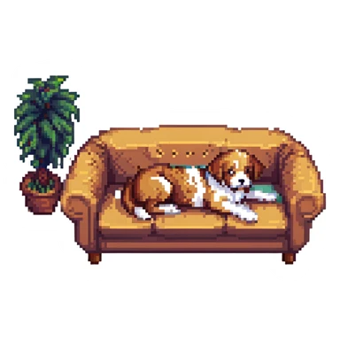 a dog sitting on a couch, pixel art style sticker