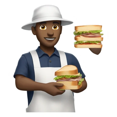 White Male man worker with white shirt and navy apron with khakis and hat holding a sandwhich sticker