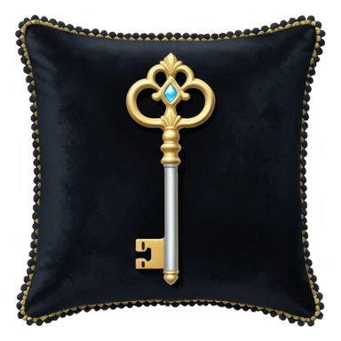 A Discord emoji of a black velvet cushion holding a glowing silver key. Ornate, royal gothic style, simple and clean for small scale, white background. sticker