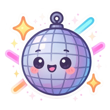 cartoon disco ball with a face, surrounded by sparkles and neon lights, rave atmosphere sticker