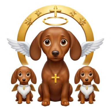 Brown dachshund with big eyes and a large cross above a halo atop his head. Next to the halo are three small brown dachshunds as angels. This should look religious  sticker