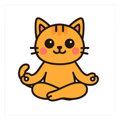 Make the cat cuter with bigger eyes, round cheeks, and a gentle smile, still meditating and sitting, maintaining the peaceful atmosphere. sticker