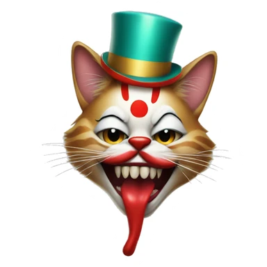 Freaky cat with tongue out wearing a clown hat and red lipstick sticker
