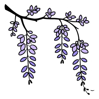 Artistic Japanese wisteria (fuji) flower with sumi-e inspired brush strokes, hanging lavender bloom clusters, zen minimalist aesthetic with subtle ink wash background sticker