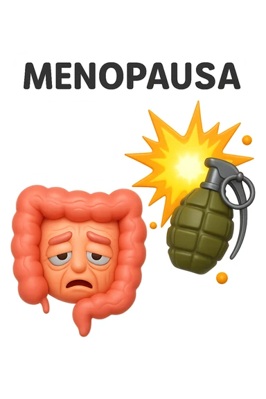 EMOJI STILE IPHONE 3D DI INTESTINO ANZIANO CON RUGHE SFINITO CON ESPRESSIONE STANCA, ACCANTO A LUI SCOPPIA UNA GRANATA 3D CON LA SCRITTA "MENOPAUSA" SOPRA sticker