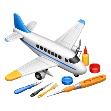 photorealistic icon featuring model-building tools like glue, paint, paintbrushes, pieces of a plastic model airplane in the process of being assembled. The design includes detailed textures of the model pieces and tools, capturing the focus and creativity of model building. Transparent background. sticker