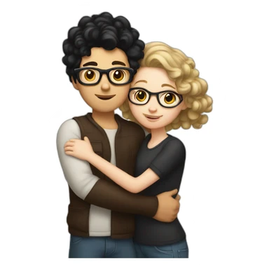  a white Boy with black hair and curlers, and with glasses on, and a white girl with long brown hair hugging each other sticker