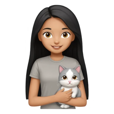 a pretty tan bratz girl with black long straight hair, wearing a grey tshirt smiling and holding a white cat\ sticker