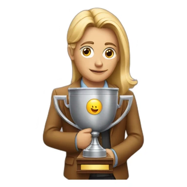 television game show host, lost in thought, holding a trophy sticker