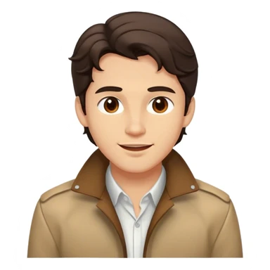 The person(male) has a medium complexion, wavy  dark hair coming on his forehead, well-defined facial features with a strong jawline, full lips, and happy expression. They are wearing a white shirt layered with a brown jacket sticker