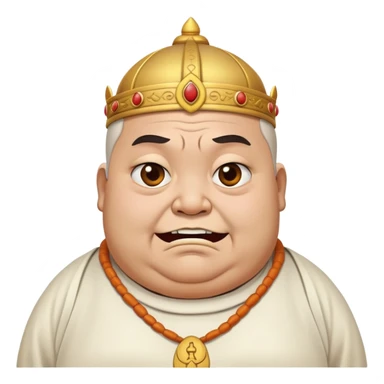 fat temple priest with a scary look and a closed, troubled smile, focus on facial expression sticker