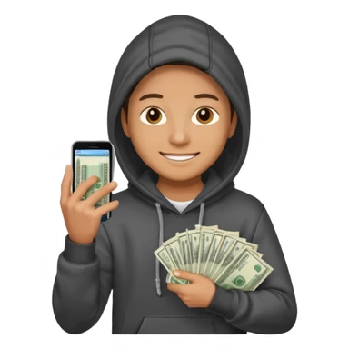 miling young entrepreneur in a hoodie, holding a stack of cash in one hand and a phone in the other, clean emoji style, soft lighting, simple background sticker