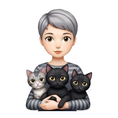 Girl with short pixie cut holding three cats, one black cat, one grey cat, and one grey-striped cat sticker