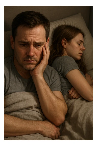 Vertical, hyper-realistic 3D cutaway illustration: uomo con difficoltà con la propria compagna nel letto, faccia depressa sticker