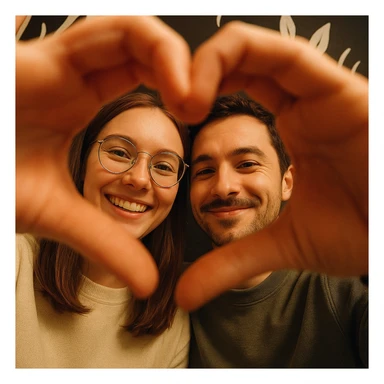 Two people taking a selfie from a low angle, faces framed by hands forming a heart shape. One wears round glasses, the other has a small beard and a knowing smile. Soft lighting, warm ambiance, white graphic decor on a dark background in the background. sticker