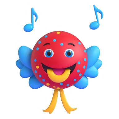 3D smiley emoji, large eyelashes, red polka dot bow, stunned, wide open eyes, O-shaped mouth, blue eyes, musical notes sticker