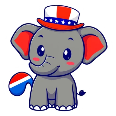 cute red elephant, simple flat design, round shape, patriotic top hat, cartoon sticker style sticker