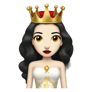 Queen with pale skin, long black hair, bright red lips, skinny gold crown, white dress, and evil stare.  sticker