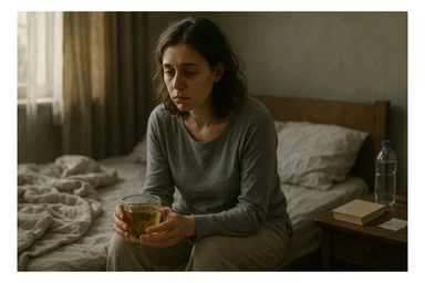 Realistic, cinematic illustration of a woman (early 30s), tired and pale, sitting on the edge of her bed in a softly lit morning bedroom. She looks exhausted, with slouched posture and dark circles under her eyes, wearing comfortable loungewear and holding a cup of herbal tea. The room is cozy and slightly messy, with a blanket, water bottle, and book on the nightstand. Soft natural light highlights her persistent tiredness, capturing the struggle of chronic fatigue syndrome gently and respectfully. sticker