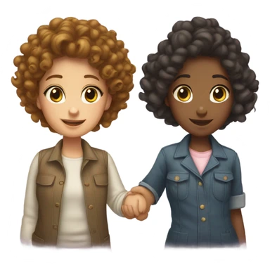 Two girls standing up holding hands one masculine with a curly bun and one feminine with curly hair sticker