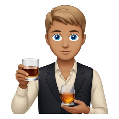 white guy light brown hair blue eyes wearing black holding whiskey sticker
