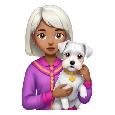 Black girl with short bangs holding a white schnauzer dog, colorful clothes sticker