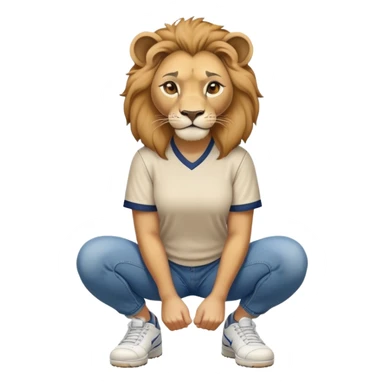 confident anthropomorphised female lion wearing a baseball shirt, jeans, trainers, squatting, empty hands sticker
