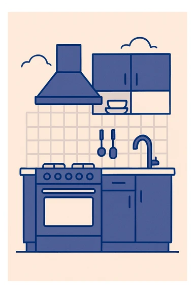 kitchen room with stove, cabinets, and sink in a modern flat style illustration sticker