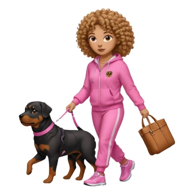 African american curly haired woman in all pink tracksuit walking big Rottweiler dog sticker