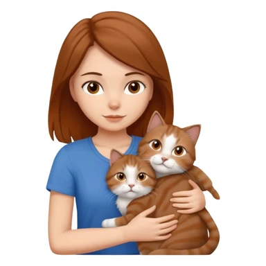 a white girl with brown and hair and a blue top hugging a siberian cat color brown, orange, gray, mixed colors sticker