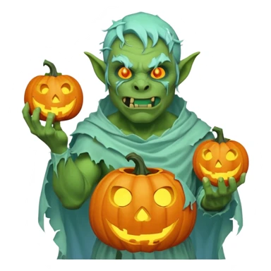 male orc ghost emoji, green skin, tusks, wearing torn white ghost sheet costume, holding glowing jack-o'-lantern, faint blue aura, friendly but spooky expression, Halloween fantasy theme, Apple emoji style, clean white background, square sticker