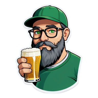 A bold man with a grey baseball cap, green eyes, big beard and glasses, drinking beer sticker