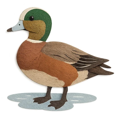 very detailed American Wigeon in paper craft style, intricate cut paper textures, green and white head, brown body, realistic markings, standing near water sticker