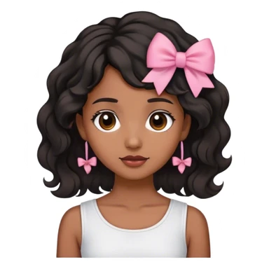 Brown skined girl with black  wavy hair till the neck wearing white top or shirt and a cute small pink bow on her hair in the left side  sticker