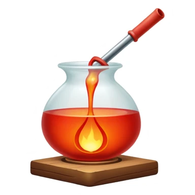 Glassblowing and casting icon, molten glass being shaped into a delicate object with a blowpipe, glowing red-hot glass being poured into a mold, unfinished glass sculpture, minimalistic style, clean lines, transparent background. sticker