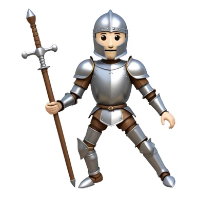 3D render of Knight Puppet as a wooden marionette puppet, Painted silver wood armor, strings, silver metal screw joints at elbows and knees, polished brown wood texture, rigid toy pose, emoji style, isolated on white background --v 6.0. sticker