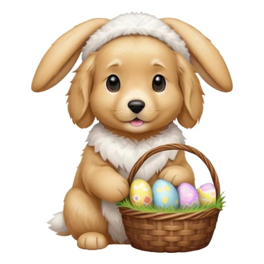 Golden retriever dressed like an Easter bunny, holding Ann Easter basket with a bunny in it sticker