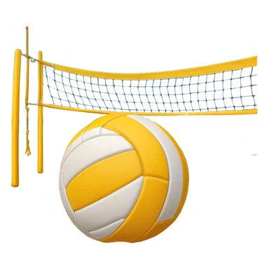 A volleyball resting on the yellow sand on a beach, with the net in the background and a scenic view of the ocean and sky. The scene captures the relaxed yet competitive vibe of beach volleyball, with warm sunlight and the natural beauty of the beach. sticker
