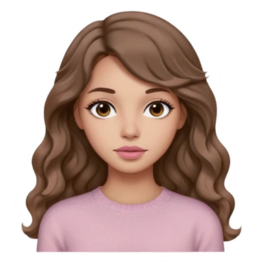 a woman with beige knit long sleeve top, her hair is long wavy brown hair, her face is soft girl style, her eyes color are black and the color of her lip is soft pink sticker