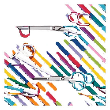 scissors cutting colorful fabric with dotted lines sticker