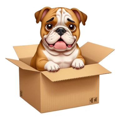 Homeless bulldog sitting in a cardboard box begging for change  sticker