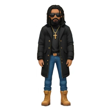 African American man with shoulder length black dreadlocks with black beard wearing black sunglasses wearing a black bubble winter coat  wearing denim skinny jeans and timberland boots standing in front of a Christian church sticker