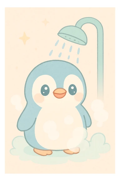 a penguin taking a cold shower, steam rising, playful illustration sticker